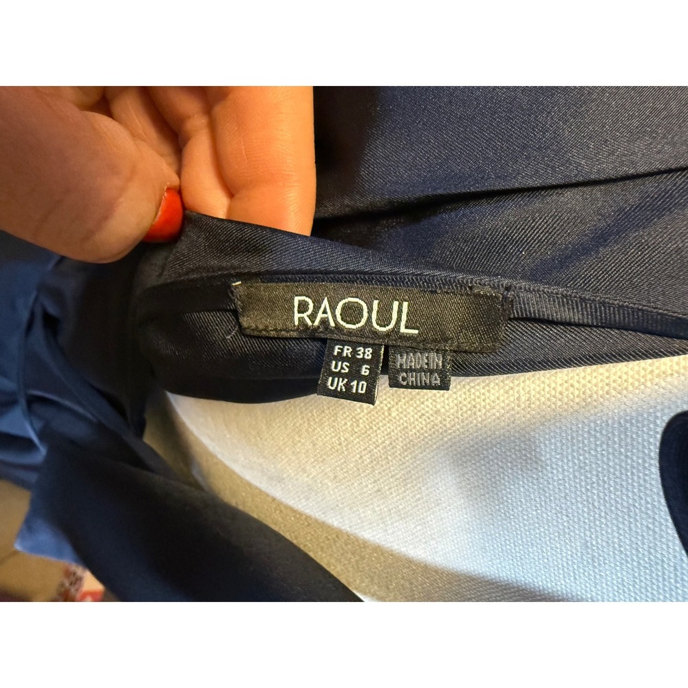 RAOUL Navy Blue Satin Wrap Top Midi Dress with Tie Neck Sz 6 - Picture 6 of 6